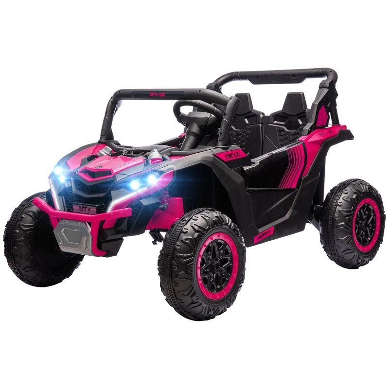 Qaba 24V 7AH Ride on Car, 2 Seater 4 MPH Ride on UTV Battery Powered Toy Car with 4 Shock Absorbers, Music, Horn, LED Lights for 3-8 Years, Pink