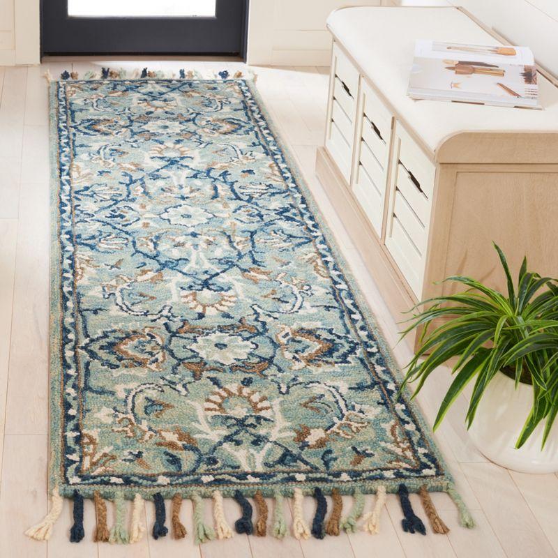 Premium Wool Blue/Ivory Floral Fringed Runner Rug, 2'3" x 12'