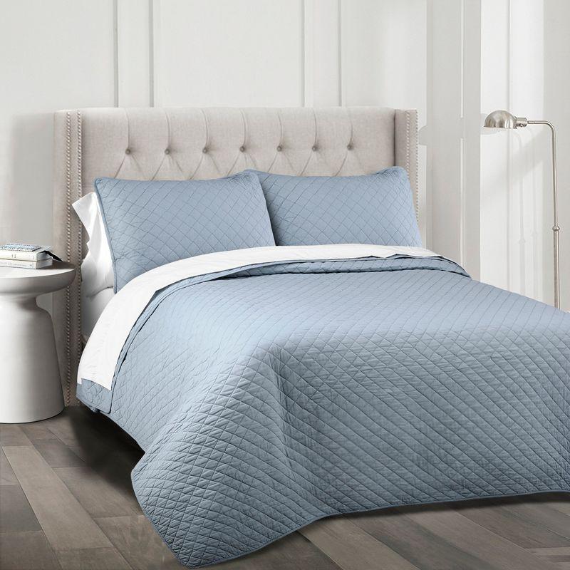 Ava Diamond Blue Cotton Full/Queen Quilt Set