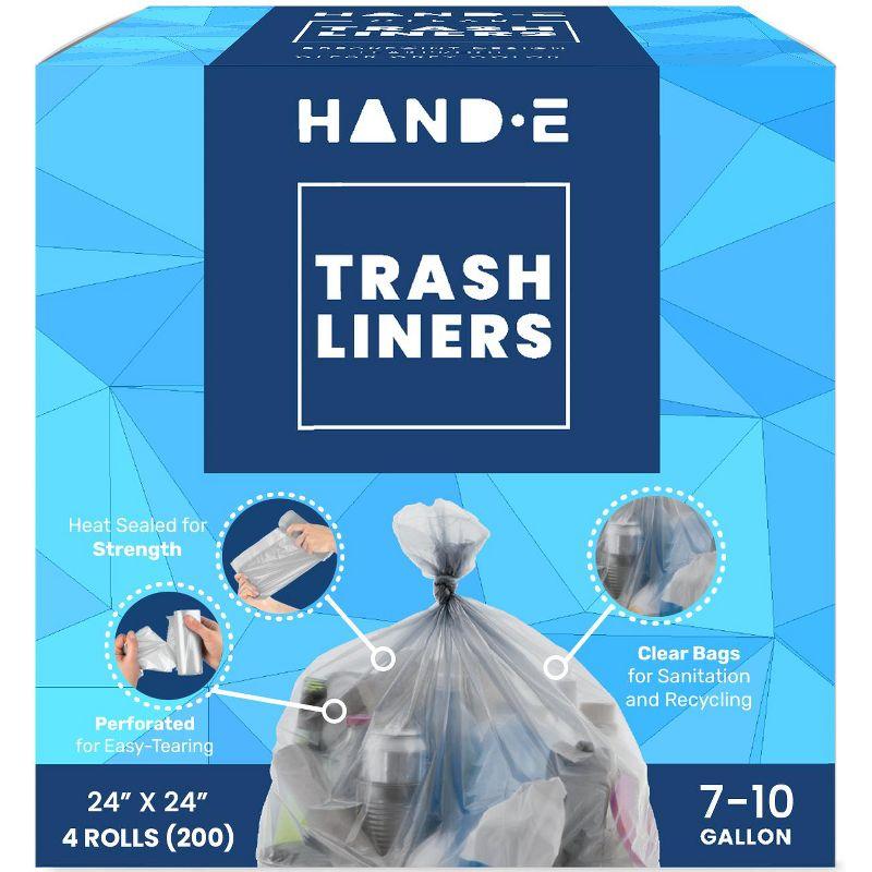Hand-E Large Trash Can Liners, 200 Count - 7-10 Gallon Garbage Liners - 22 Microns Thick, Gray Transparent