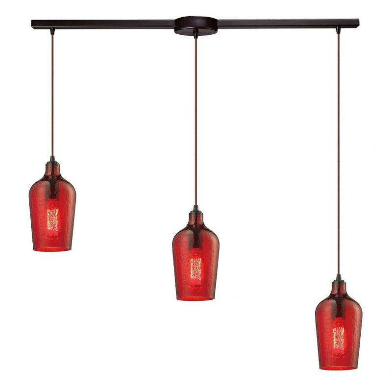 Hammered Red Glass 3-Light Island Pendant in Oil Rubbed Bronze