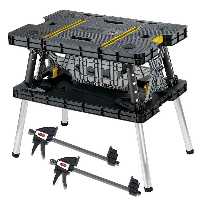 Keter Folding Portable Workbench Sawhorse with (2) 12" Clamps, Black and Yellow