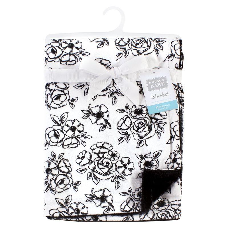 Hudson Baby Infant Girl Plush Blanket with Furry Binding and Back, Black Toile, One Size