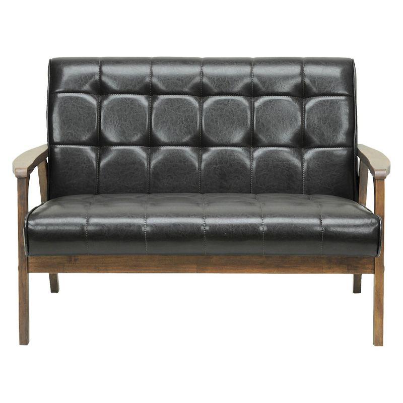 Mid-Century Brown Faux Leather Tufted Loveseat with Wood Accents