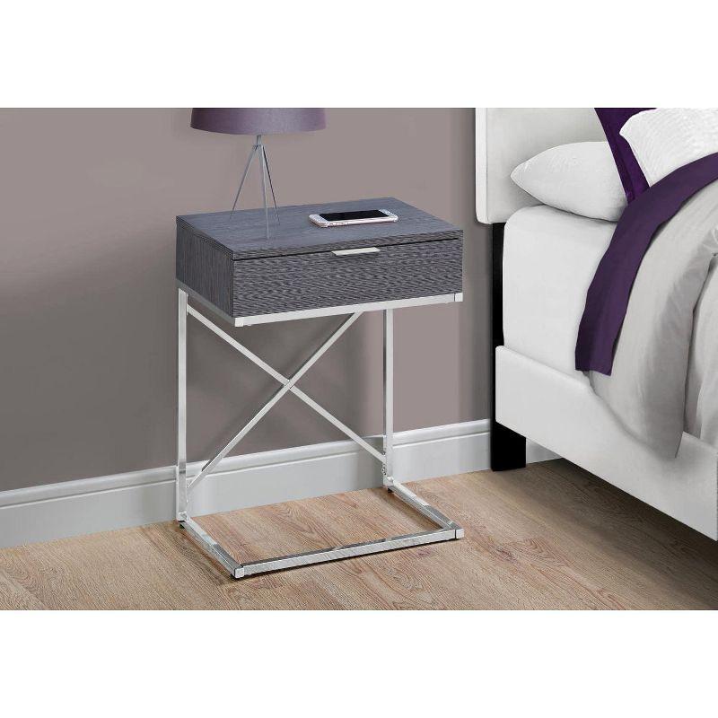 Monarch Specialties Accent Table Side End Nightstand Lamp Storage Drawer Living Room Bedroom Metal Laminate Grey Chrome Contemporary Modern