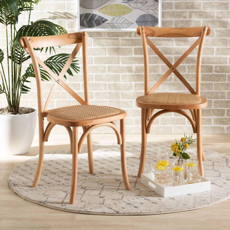 2pc Tartan Woven Rattan and Wood Dining Chair Set Brown - Baxton Studio: Beech Frame, No Assembly Required