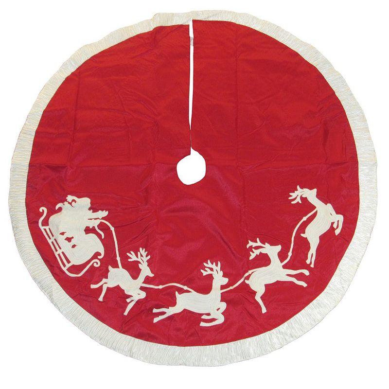 Red and White Santa Sleigh Embroidered Christmas Tree Skirt