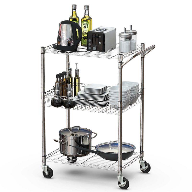 Costway 3-Tier Utility Cart Heavy Duty Wire Rolling Cart w/Handle Bar Storage Trolley