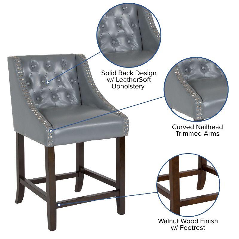 Merrick Lane Hadleigh Upholstered 24" High Stool Transitional Light Gray Faux Leather Tufted Walnut Counter Stool with Accent Nail Trim