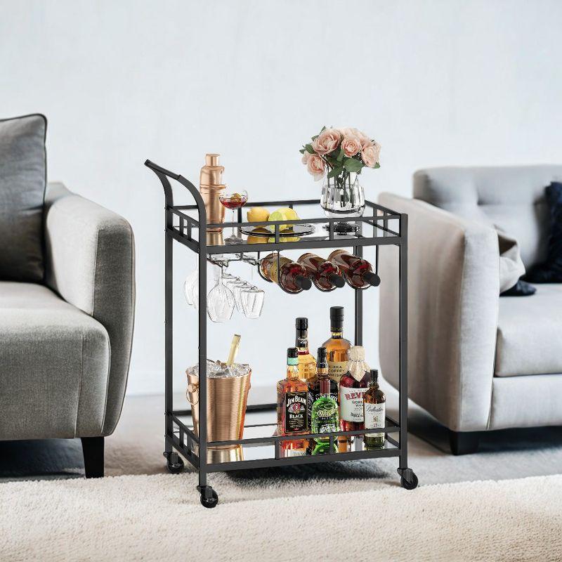 Bar Cart Black, Home Bar Serving Cart, Wine Cart With 2 Mirrored Shelves, Wine Holders, Glass Holders, For Kitchen, Dining Room