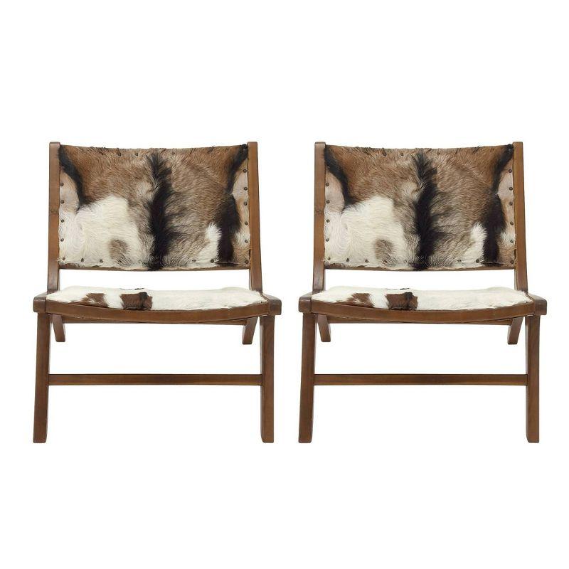 Set of 2 Rustic Goat Leather and Teak Accent Chairs Brown - Olivia & May: No Assembly, Indoor Use