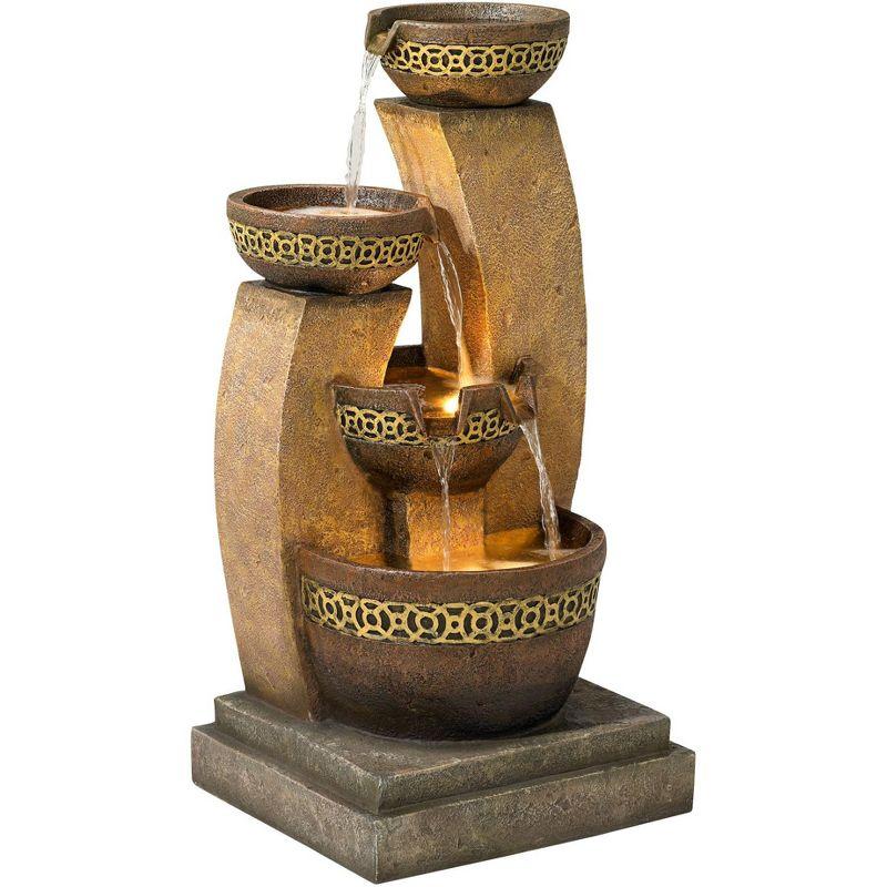 Beige and Brown Faux Stone Four Bowl Cascading Water Fountain with LED Light