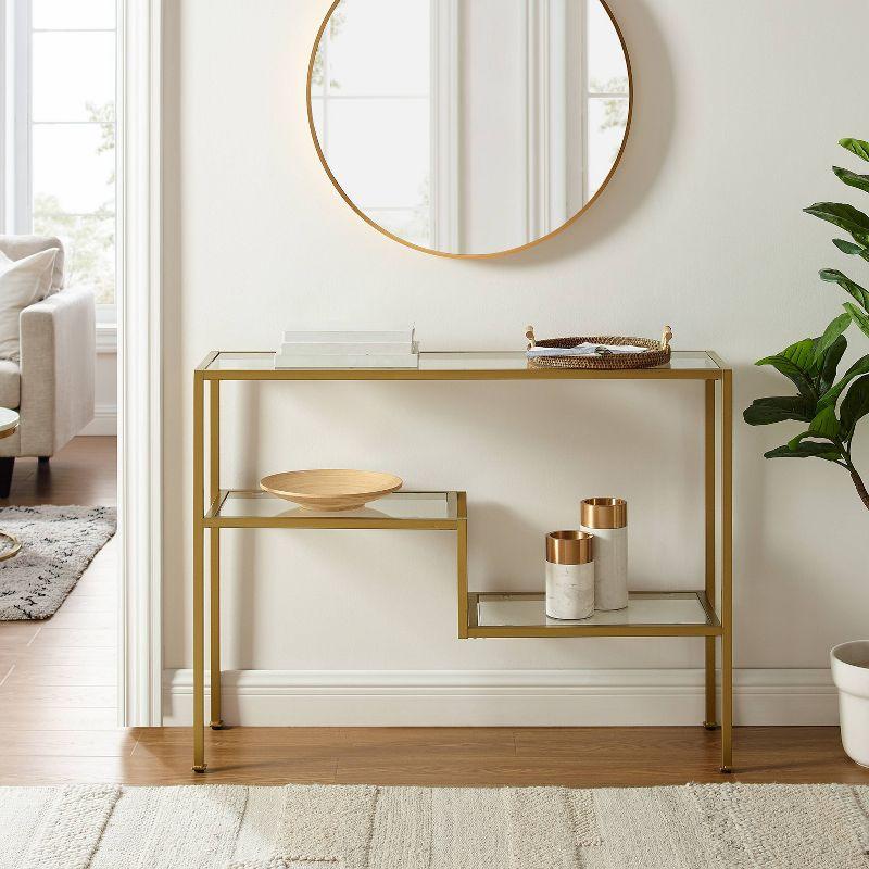 Gold and Clear Glass Industrial Console Table with Storage