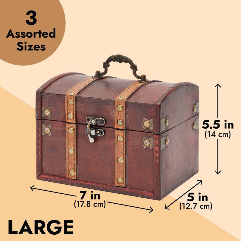 Juvale Set of 3 Small Wooden Treasure Chest Boxes, Decorative Vintage Style Storage Boxes for Jewelry Keepsakes (3 Sizes)