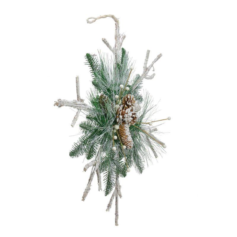 24" Green and Winter White Frosted Mixed Pine Twig Snowflake Christmas Ornament