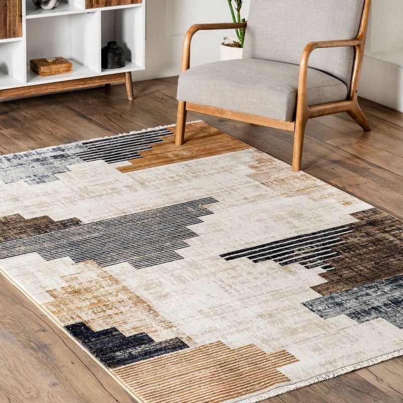 Beige and Navy 5' x 7' Synthetic Southwestern Area Rug