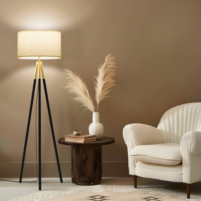 Brightech Levi 61" Mid-Century Modern LED Tripod Floor Lamp with Black Legs, Gold Finish, and Fabric Drum Shade, Bulb Included