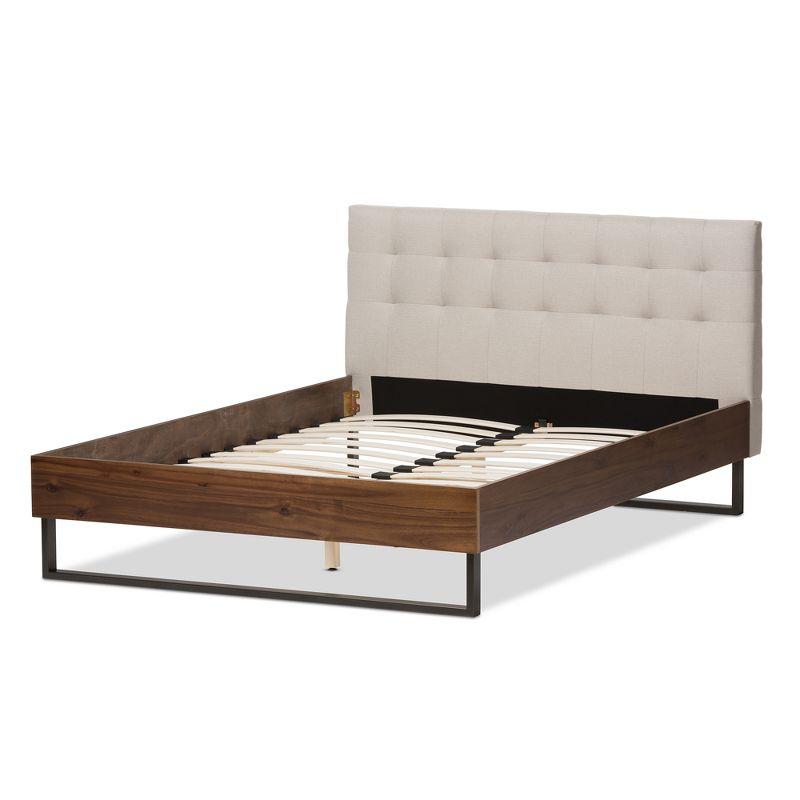 King-Sized Walnut and Beige Faux Leather Tufted Platform Bed