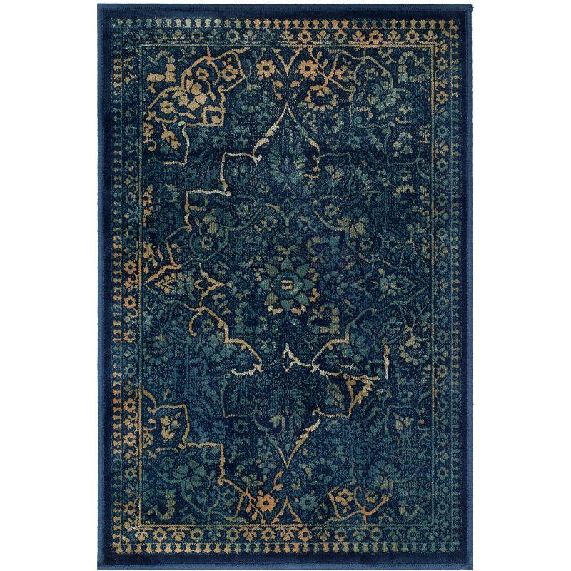 Vintage Blue and Yellow Rectangular Viscose Area Rug