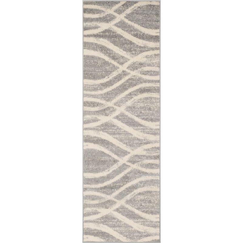 Grey and Cream Wave Pattern Synthetic Runner Rug