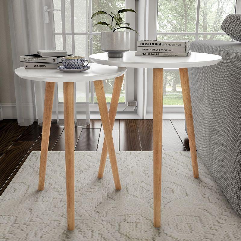 White and Natural Wood Round Nesting End Tables, Set of 2