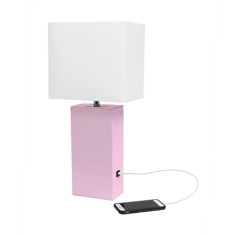 Elegant Designs 21" Modern Leather Wrapped Table Lamp with USB Port and Feit LED (Includes LED Light Bulb) Light Pink