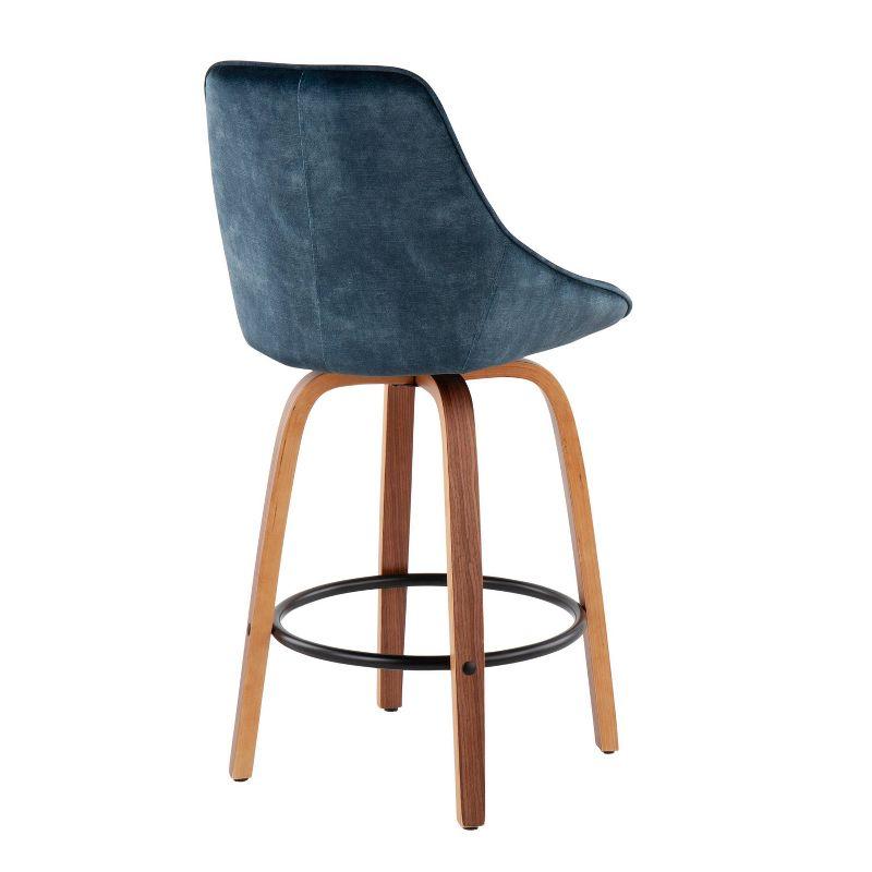 Modern Swivel Diana 25" Counter Stool in Blue Velvet with Walnut Legs