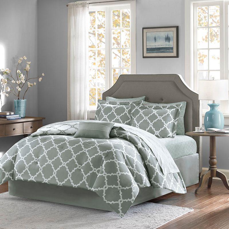 Gray Full Cotton Reversible Comforter Set with Fretwork Design