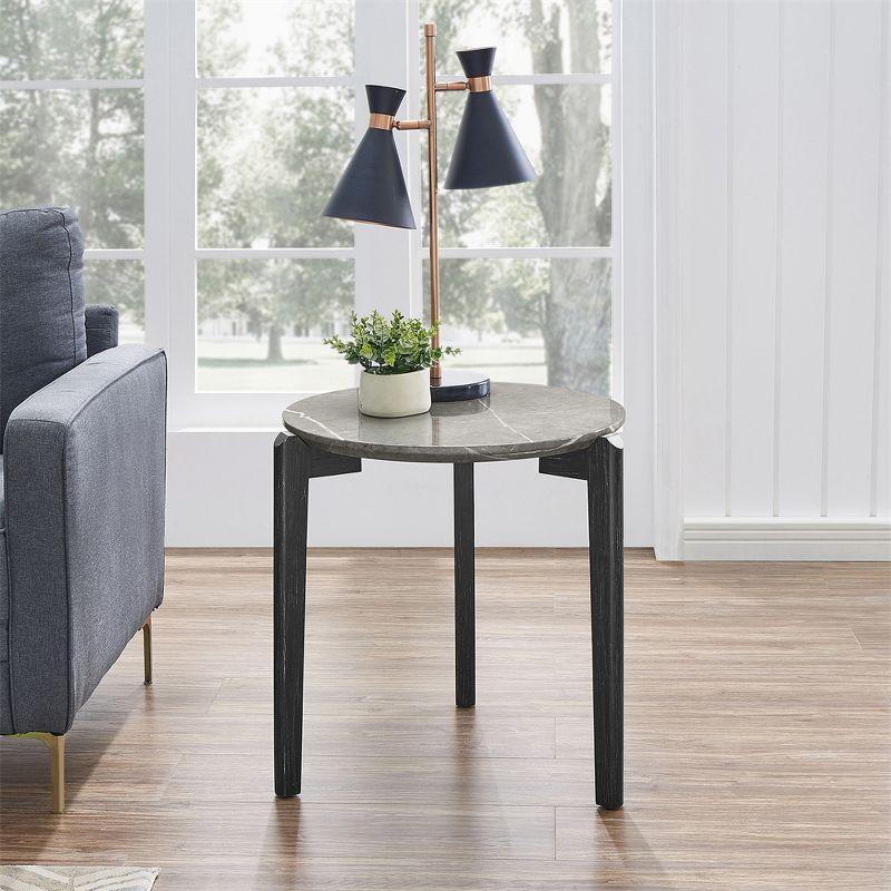 24 Inch Round Coffee Table, Modern And Stylish Small Coffee Table, Imitation Marble Tabletop With Wood Legs, Black+Gray
