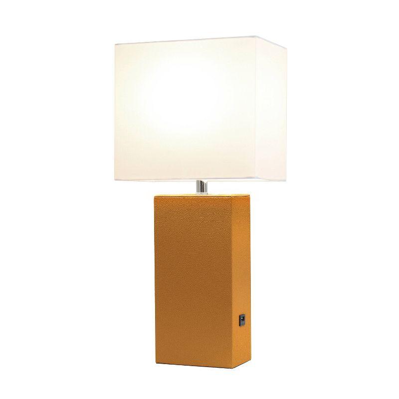 21" Lexington Leather Base Modern Home Decor Bedside Table Lamp with USB Charging Port and Fabric Shade Tan/White - Lalia Home: No Assembly