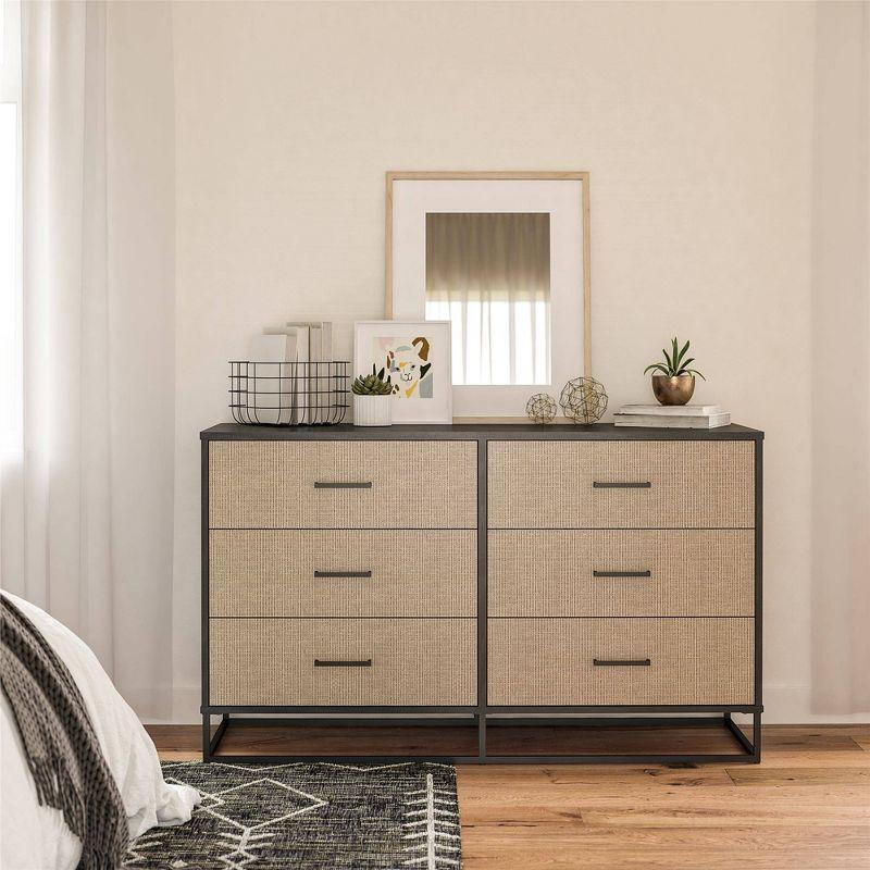 Coastal Black Oak & Faux Rattan 6-Drawer Dresser