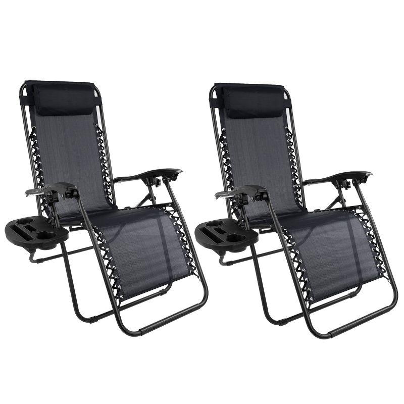 Set of 2 Black Zero Gravity Outdoor Reclining Chairs with Side Tables