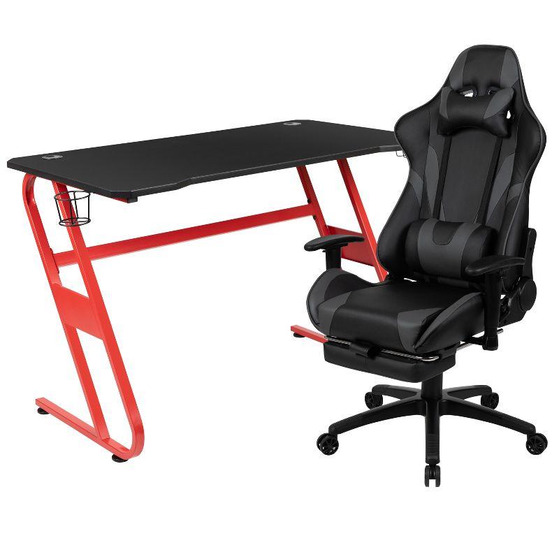 Modern Gray Wood Gaming Desk with Adjustable Height and Chair Bundle