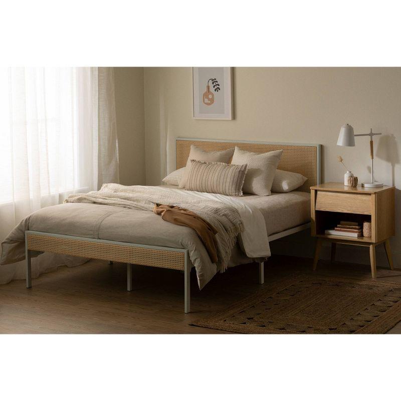 South Shore Queen Metal Platform Bed with Natural Cane White/Natural: Bohemian Style, No Box Spring Needed, Wood Slats