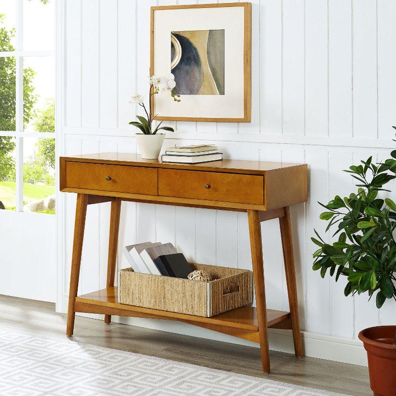 Crosley Landon Console Table Acorn: Mid-Century Modern Design, Hardwood with Open Shelf & Drawer