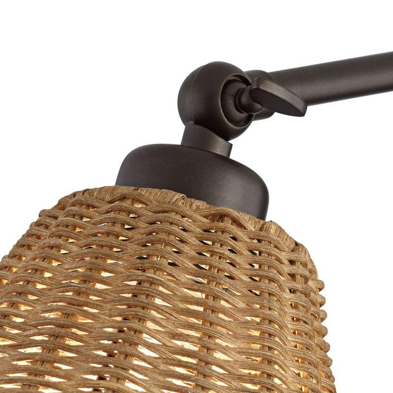 Bronze Mid Century Modern Swing Arm Wall Lamp with Natural Rattan Shade