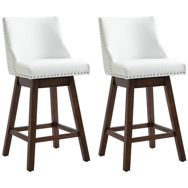 Elegant 28" White Leather Swivel Barstools with Wood Legs and Nailhead Trim, Set of 2