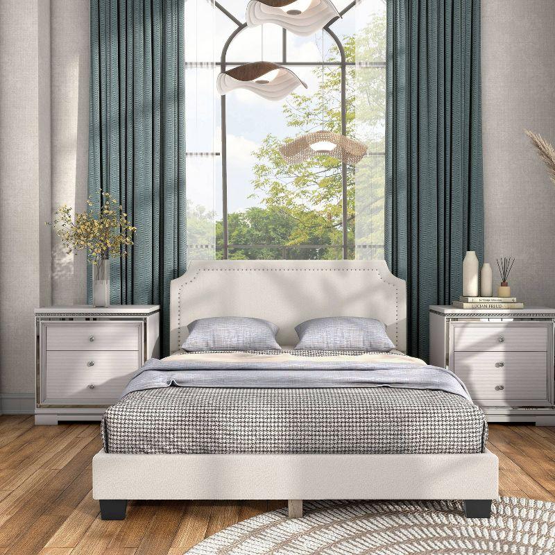 24/7 Shop At Home Queen Heartwild Modern Boucle Upholstered Nailhead Trim Platform Bed White: Polyester, Wood Frame, No Box Spring Needed