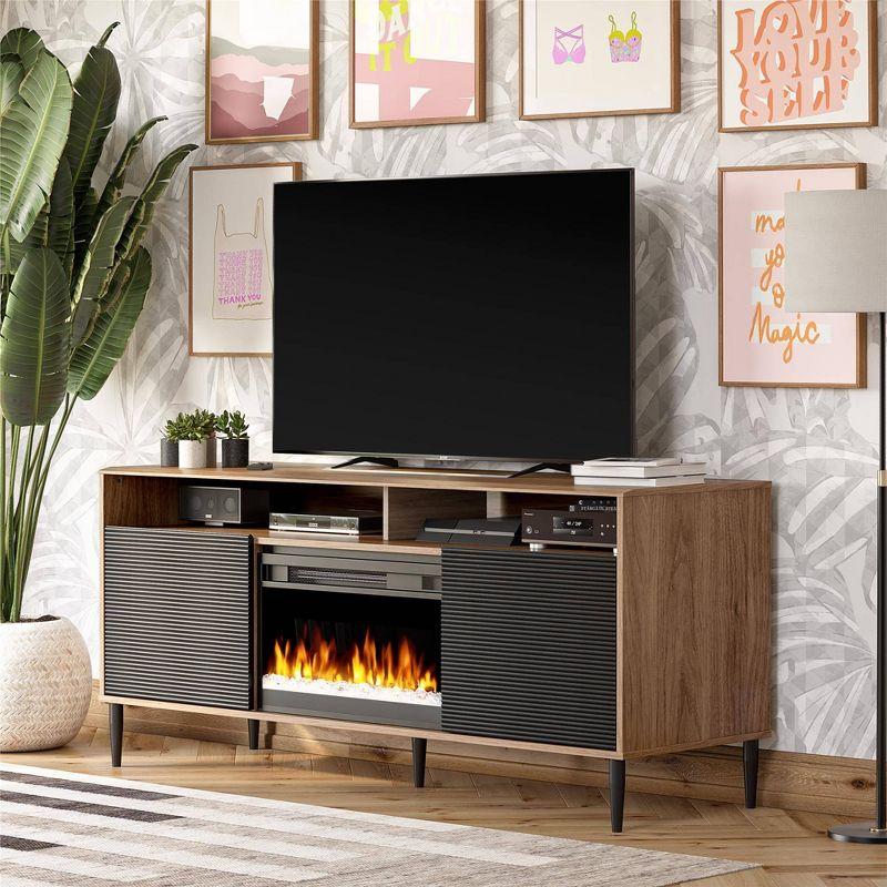 Walnut Fluted TV Stand with Electric Fireplace for 70" TVs