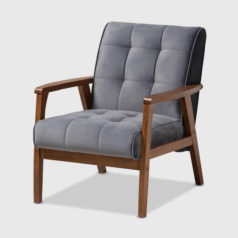 Mid-Century Modern Gray Velvet Accent Chair with Walnut Wood Frame