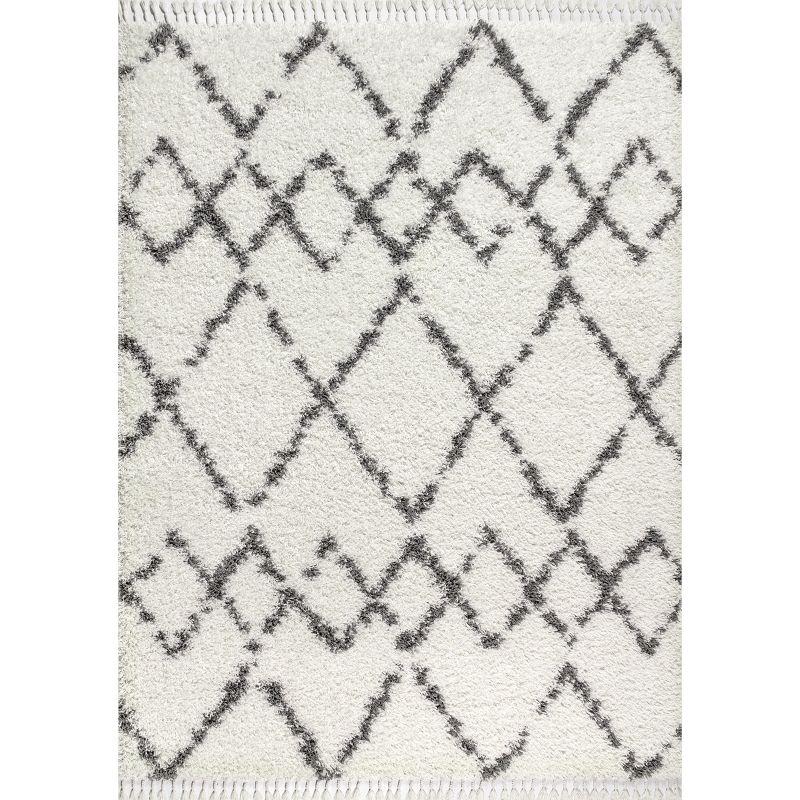 8'x10' Mercer Shag Plush Tassel Moroccan Geometric Trellis Area Rug, Cream/Grey - JONATHAN Y
