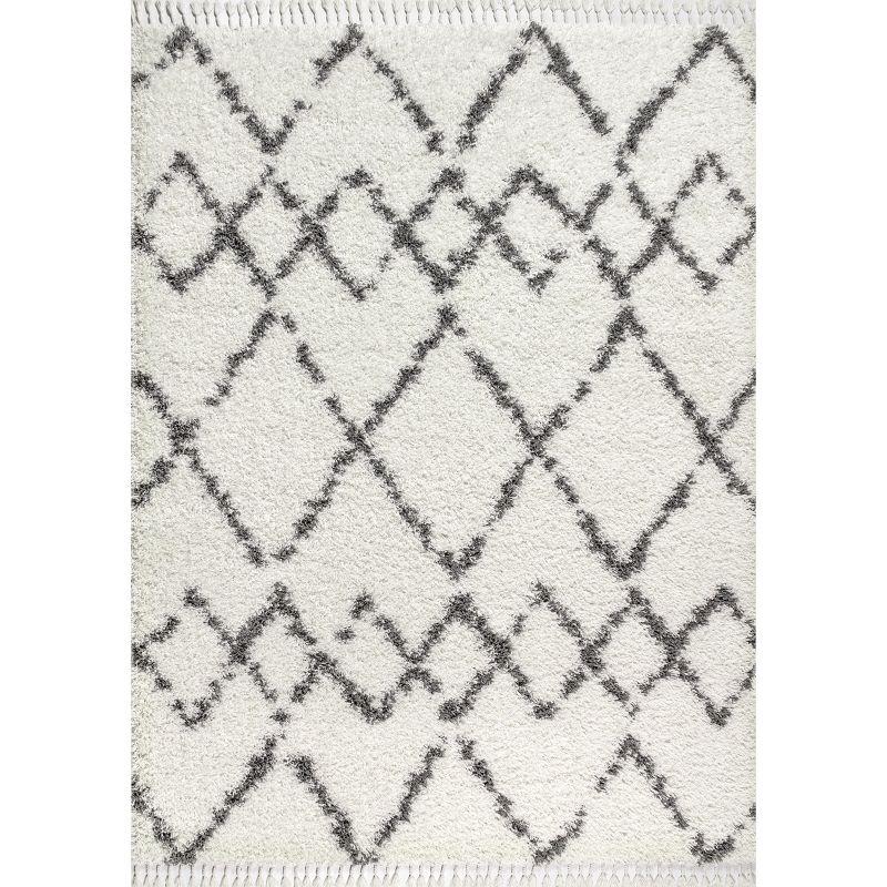 Cream/Grey Moroccan Tribal Geometric Trellis Shag Rug 8' x 10'