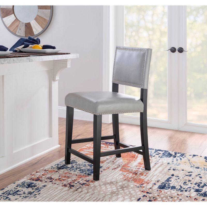 24" Brook Padded Back Faux Leather Nailhead Counter Height Barstool Gray - Linon: Solid Hardwood Frame, Footrails