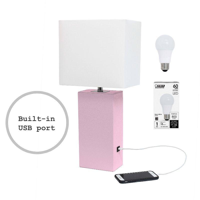 Elegant Designs 21" Modern Leather Wrapped Table Lamp with USB Port and Feit LED (Includes LED Light Bulb) Light Pink
