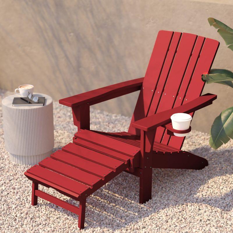Flash Furniture Halifax HDPE Adirondack Chair with Cup Holder and Pull Out Ottoman, All-Weather HDPE Indoor/Outdoor Lounge Chair in Red