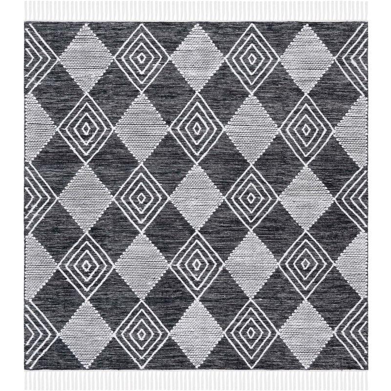 Bohemian Nomadic Black & Ivory 72" Square Synthetic Kilim Rug