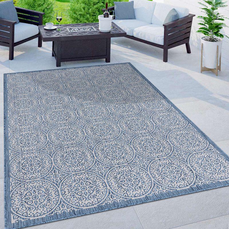 World Rug Gallery Transitional Floral Circles Textured Flat Weave Indoor/Outdoor Area Rug - BLUE 5' X 7'