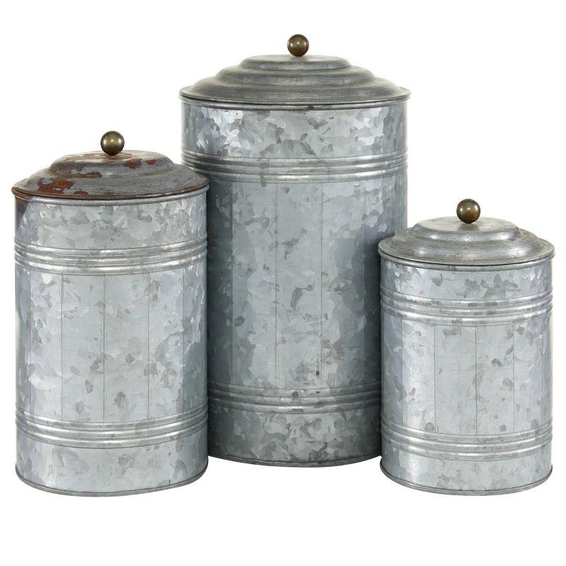 Olivia & May 3pc Decorative Galvanized Metal Canister Set Silver: Round Storage Containers with Lids