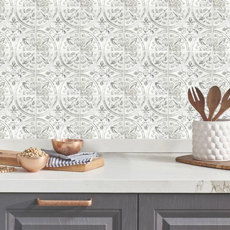 RoomMates Peel and Stick Tile Backsplash White Tin