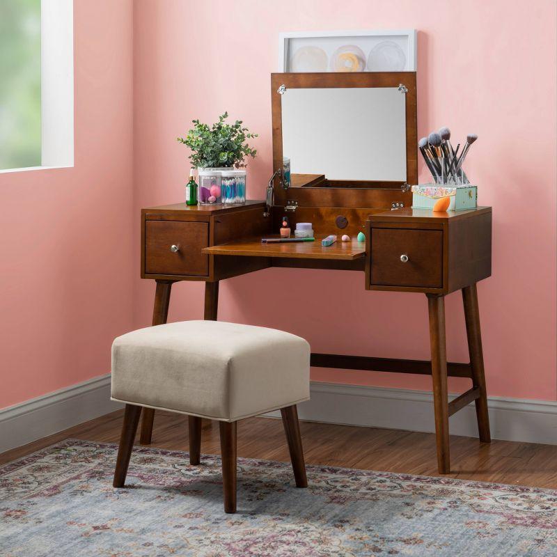 Viola Mid-Century Modern Flip-up Mirror 2 Drawer Vanity and Upholstered Stool Brown - Linon: Rubberwood, MDF, Lift-Top Storage